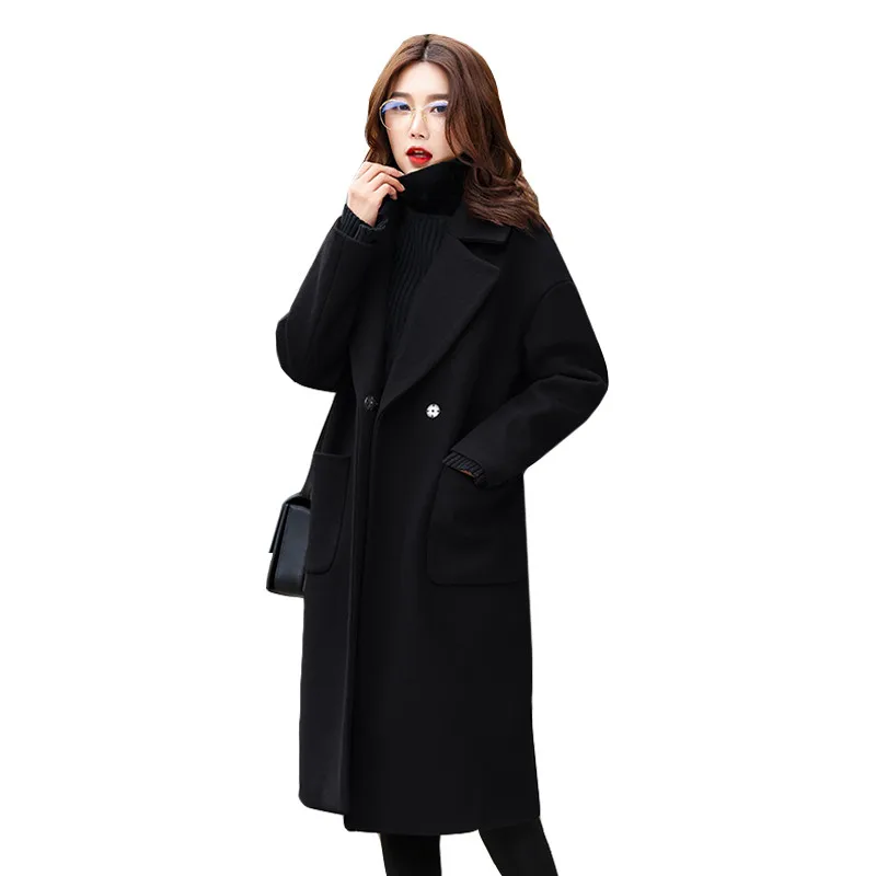 

Women Woolen Blended Coat Autumn Winter Black Long Cashmere Woolen Coat Oversize itself Female Thick Warm Wool Jacket A192