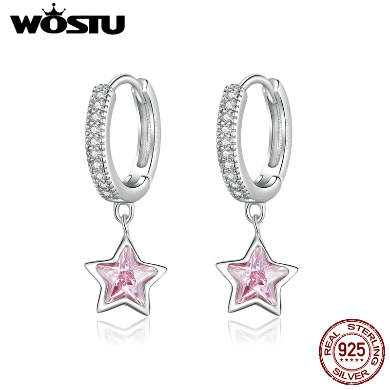 

WOSTU Pink Star Hoop Earrings 100% 925 Sterling Silver Bright Zircon Circle Earrings For Women OL Style S925 Jewelry Gift CTE414