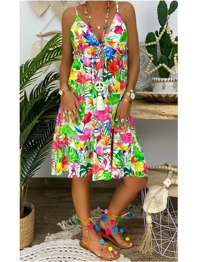 

2021 Summer New Printing Dress For Women Large Size Loose Casual Cotton blended Short Sleeve Midi Skirt V-neck Mid-Waist Dress