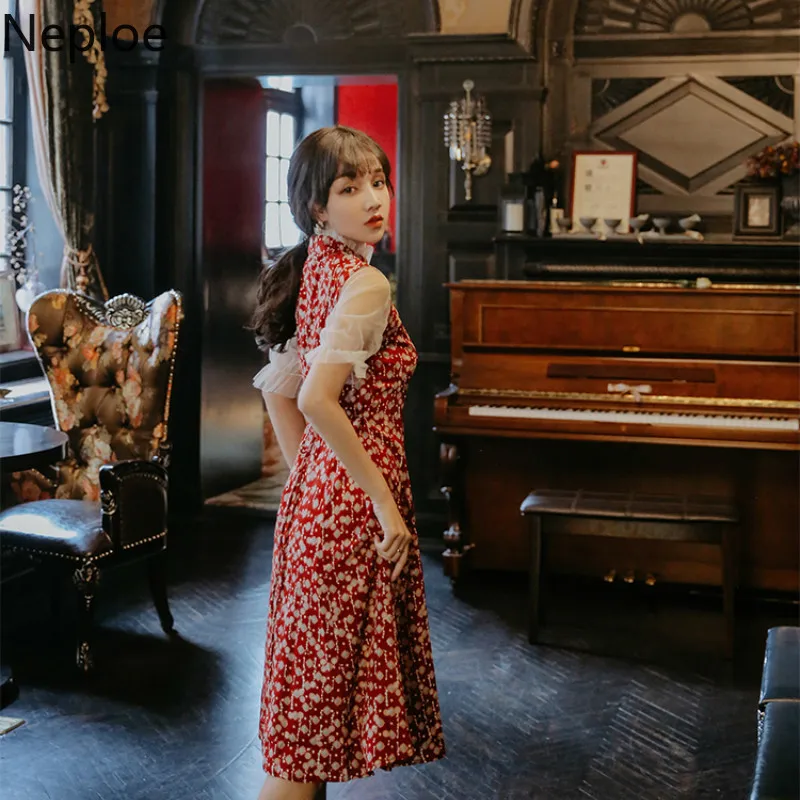 Непло цветочный принт женское платье Лето 2019 Ретро стоячий воротник короткий