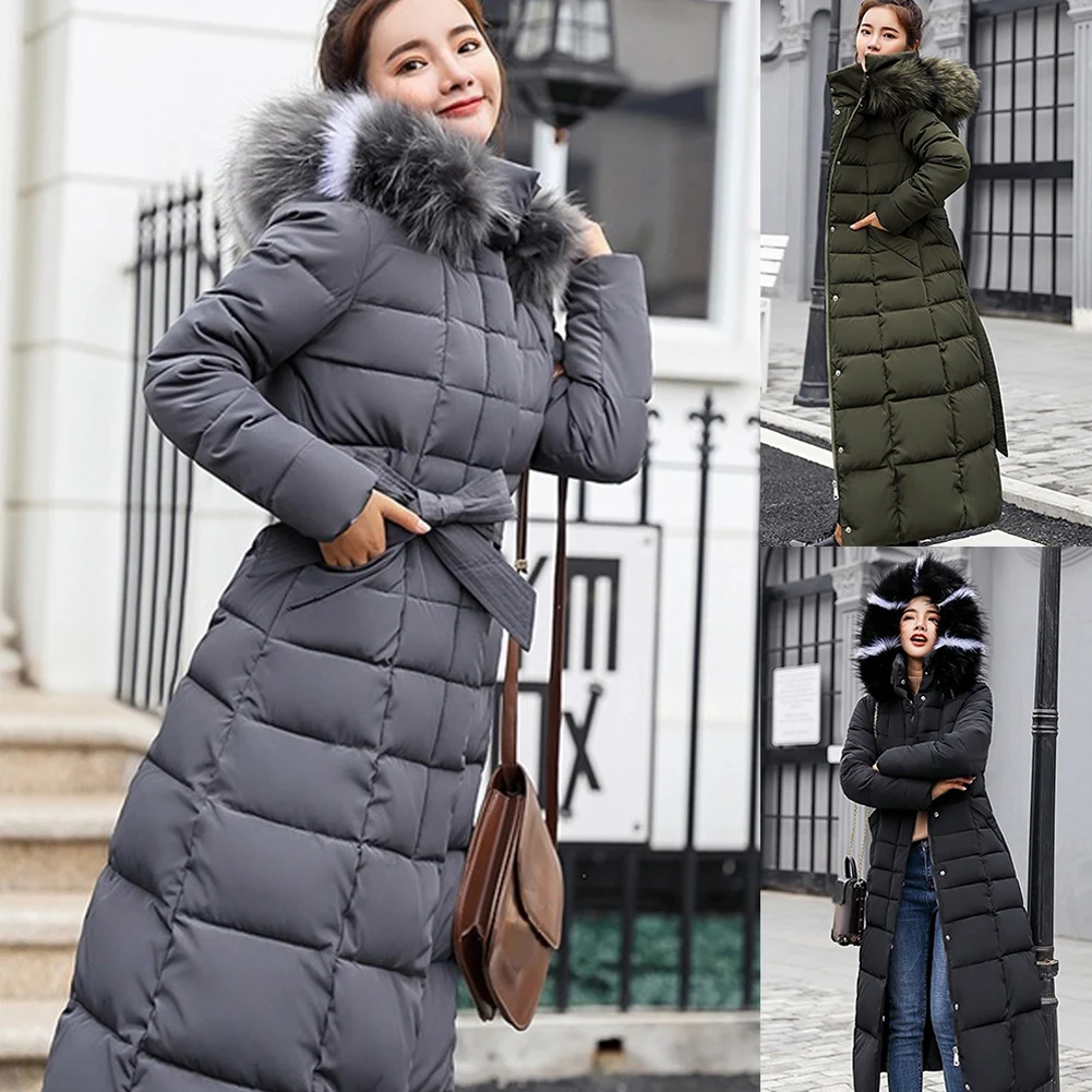 

Women Cotton-padded Long Sleeve Thickening With Hat Down Coat Long Hooded Winter Casual Jacket Warm