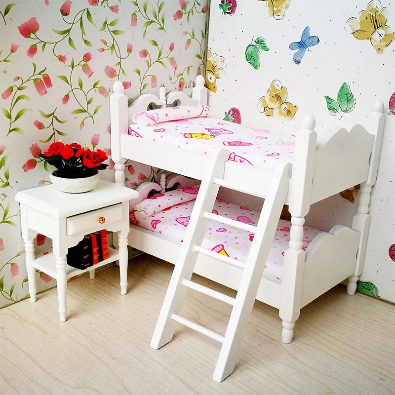 

1/12 Doll House Mini Furniture Doll Children's Cute Double Bunk Bed with Ladder Doll Accessories Kids 12CM Doll DIY Toys