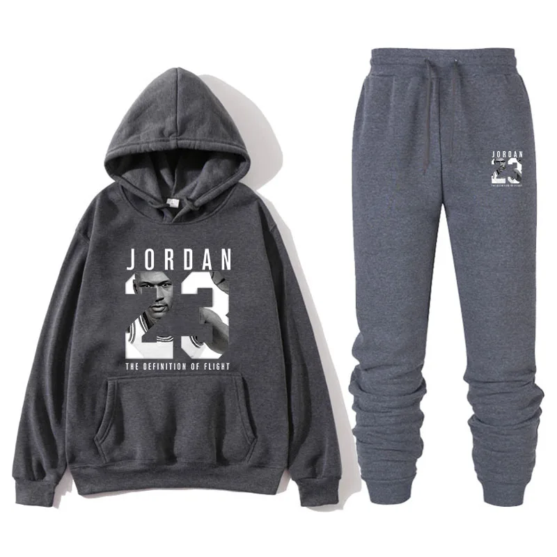 New men's sweater suit 23 sportswear sweater suit fleece hoodie+ sports pants jogging men's and women's sweater 3XL sportswear - Color: Dark gray
