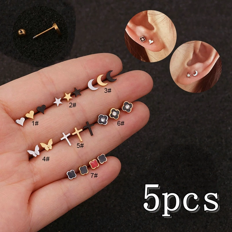 

5pcs Gold Black Small Cross Heart Star Cross Flower Ear Helix Cartilage Tragus Ring Studs Labret Septum Earrings Piercing Set H6