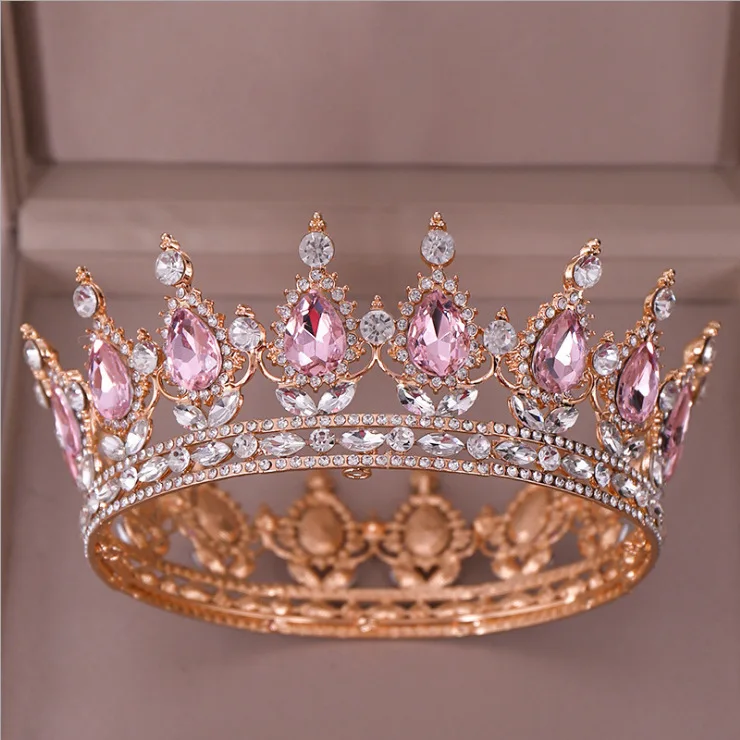 Luxury Round Queen Crowns Shinny Crystal Gold Bridal Tiara With Burgundy Rhinestones New Princess Marrige Accessory SQ0295 - Цвет: Pink rhinestone