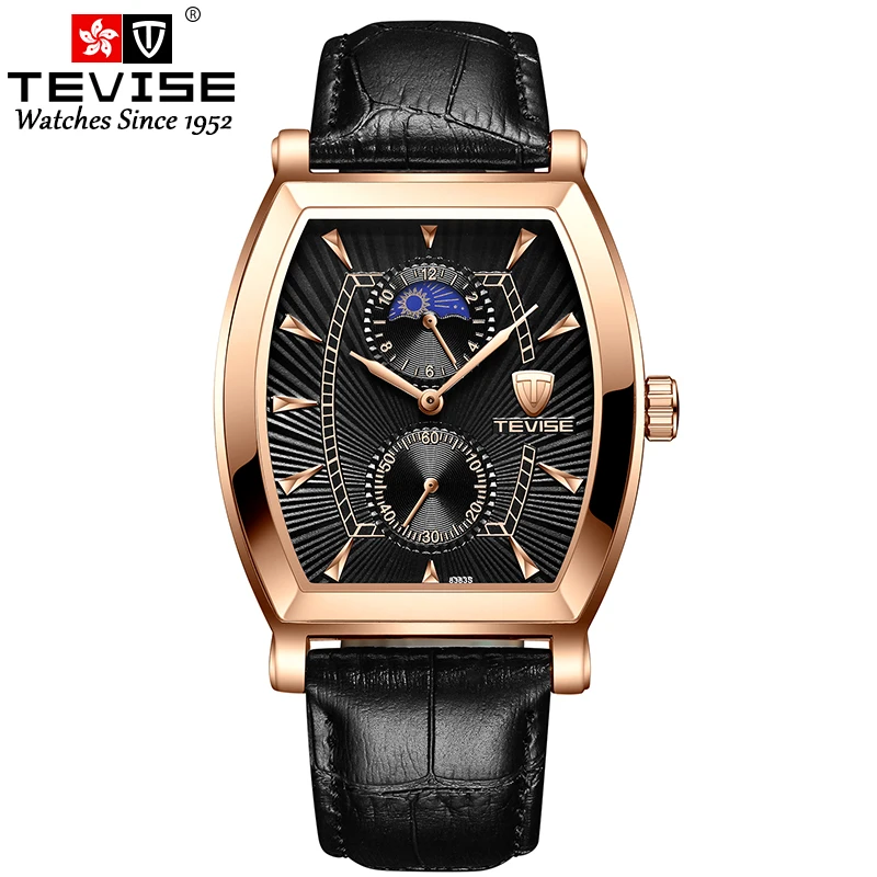 TEVISE 8383S мужские часы Moon Phase настоящие водонепроницаемые кварцевые часы с кожаным ремешком Мужские повседневные наручные часы Relogio Masculino - Цвет: gold black