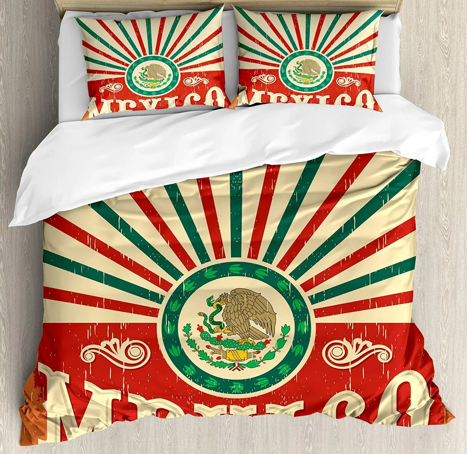 

Mexican Bedding Set Retro Pop Art Style Mexico Calligraphy with Tribal Classic Icon on Grunge Image Duvet Cover Pillowcase