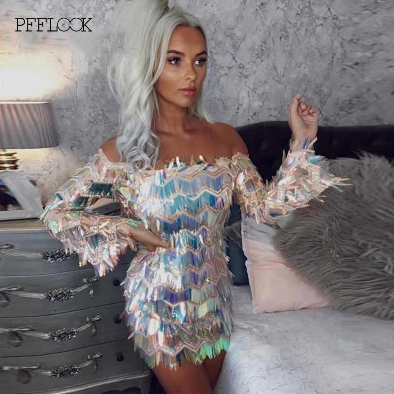 PFFLOOK, сексуальное платье с блестками и кисточками, с открытыми плечами, с длинным рукавом, облегающее мини-платье, с открытой спиной, женские Клубные вечерние платья, Vestidos
