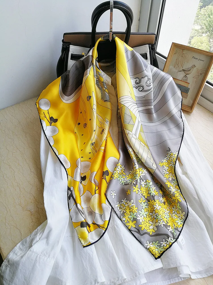 Women's 100% Pure Silk 12mm Printed Big Square Scarf Wrap Kerchief 88cm 34.5&quot WJ020 |
