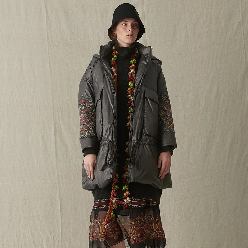 

New Winter Women Down Jacket Fashion Ethnic Embroidery Personality Drawstring Coat Outwear Outdoor Casual Cotton Jacket Overcoat
