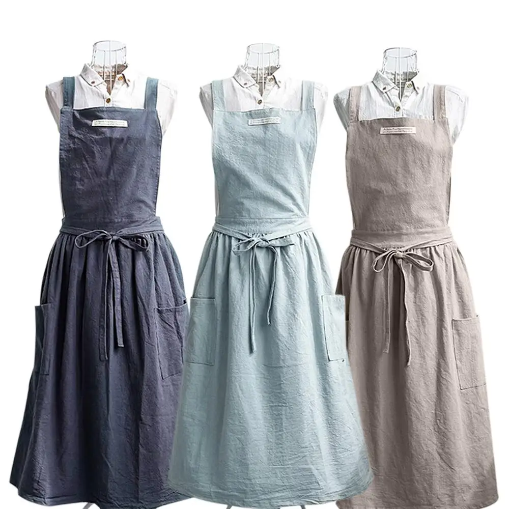 

Kitchen Apron Gardening Cooking Pocket Adjustable Unisex Chef Cleaning Aprons Kitchen Accessory Cotton Linen Cafe Waiter