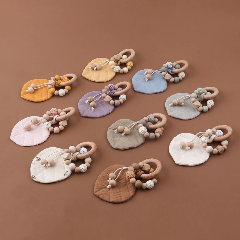 

Baby Wooden Teether Ring with Leaves Shape Absorbent Cloth Towel Blanket Rattle Beads Molar Toy Nursing Soother Newborn Toy