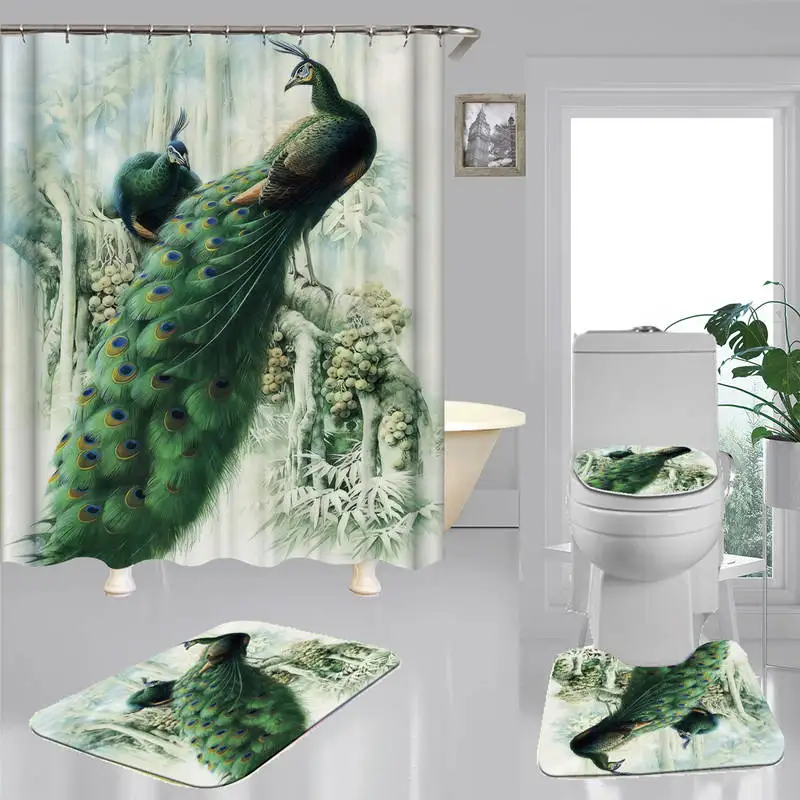 

Водонепроницаемая тканевая занавеска для душа с зеленым павлином, нескользящий коврик для ванной, чехол для унитаза, коврики с принтом в ви...