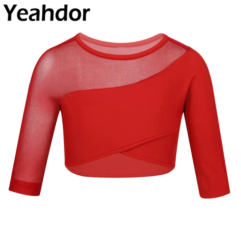 Детская одежда для девочек с 3/4 рукавами и асимметричным сетчатым вырезом топы