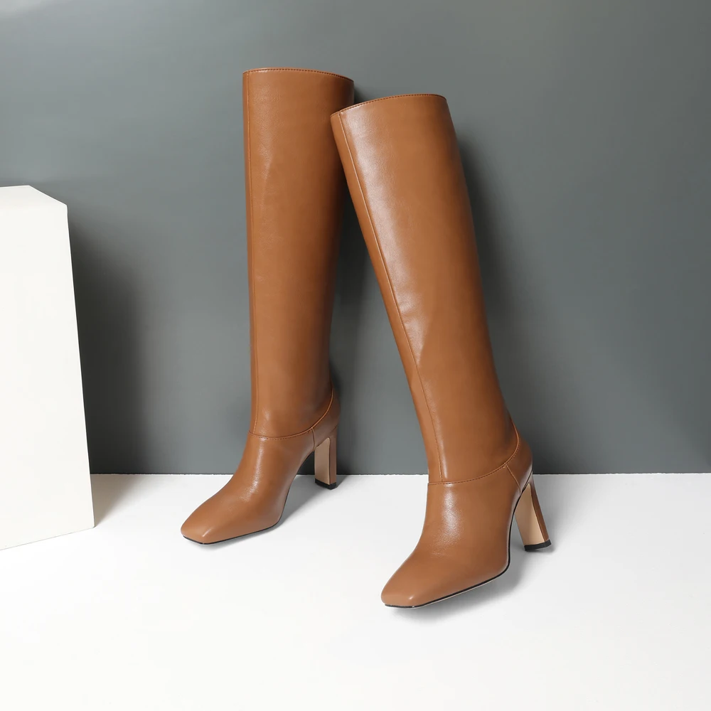 

2020 Fashion women sexy high heel long boots Microfiber slip on solid knee high boots Winter short plush square toe women shoes