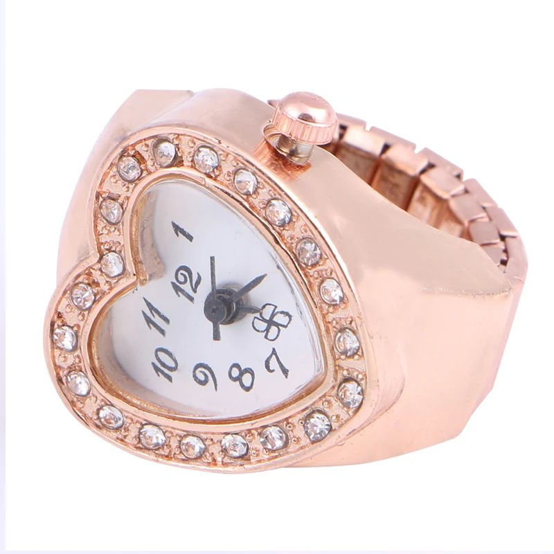 

Copper Tone Heart Shape Housing Elastic Band Finger Ring Watch For Women
