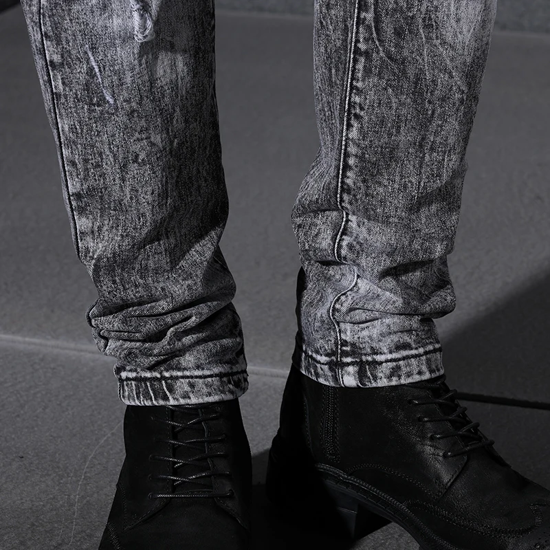 

Fashion Streetwear Men's Jeans Vintage Black Gray Color Skinny Destroyed Ripped Jeans Broken Punk Pants Homme Hip Hop Jeans Men
