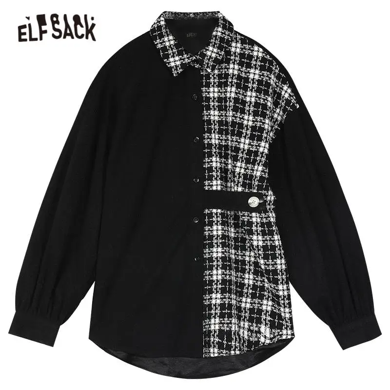 

ELFSACK Plaid Patchwork Sigle Breasted Casual Shirts Women,2020 Autumn ELF Belt Chic Button Full Sleeve Korean Ladeis Daily Top