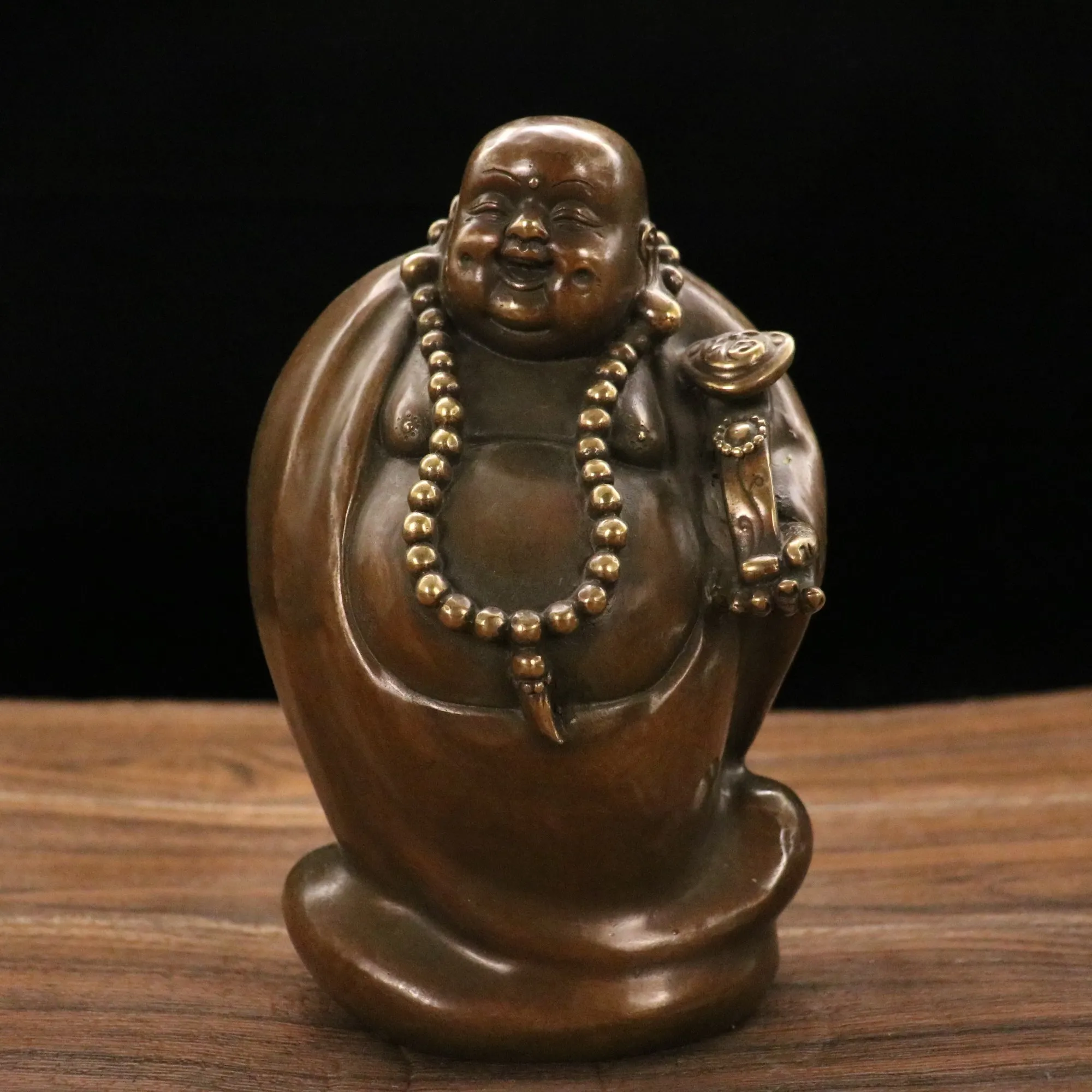 

8"Chinese Folk Collection Old Bronze Ruyi Maitreya Big belly buddha Standing Buddha Office Ornaments Town House Exorcism