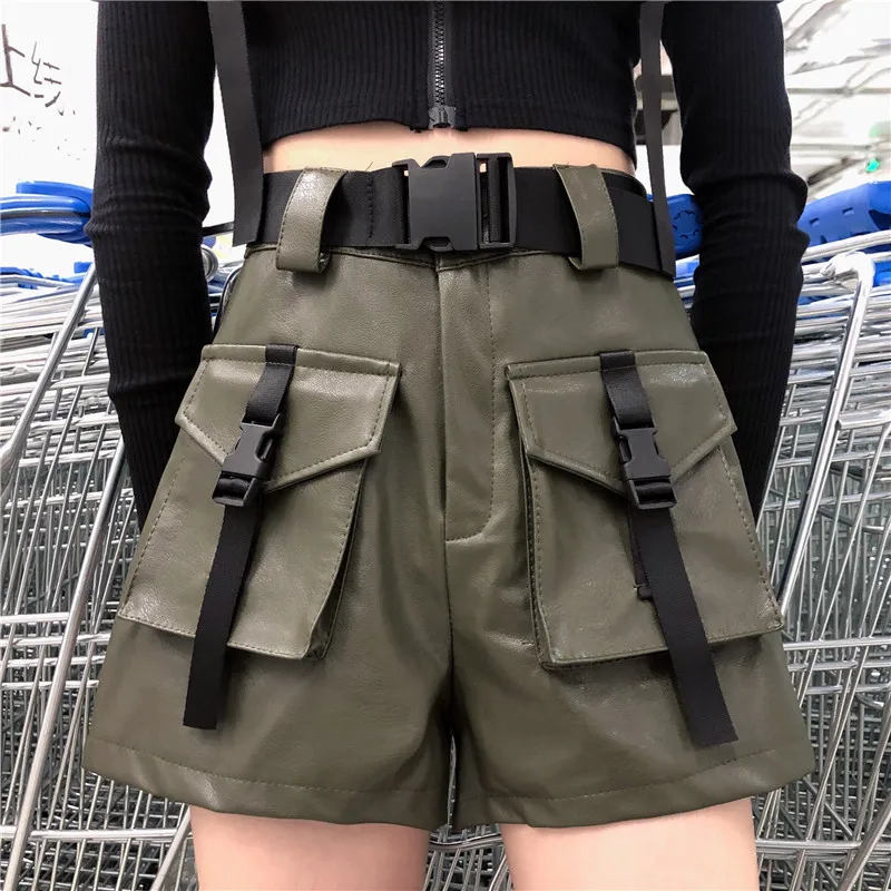 no belt Корейская уличная из искусственной кожи шорты с завышенной талией и карманами свободные шорты Для женщин пикантные туфли в готическом стиле, стильная Осенняя теплая черная Короткие штаны кофта с капюшоном - Цвет: no belt