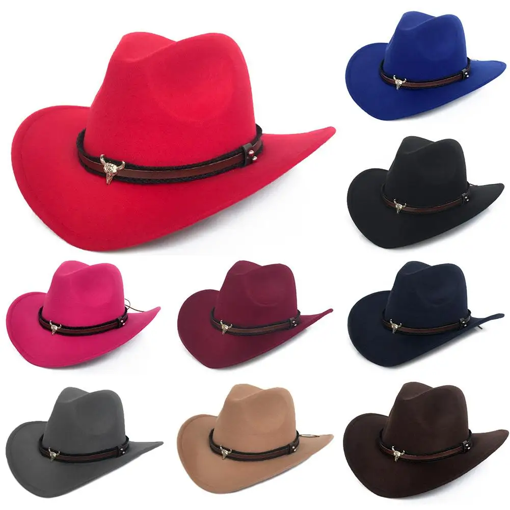 

Ox Head Unisex Western Cowboy Woolen Hat Wide Brim Fedora Jazz Cap with Strap
