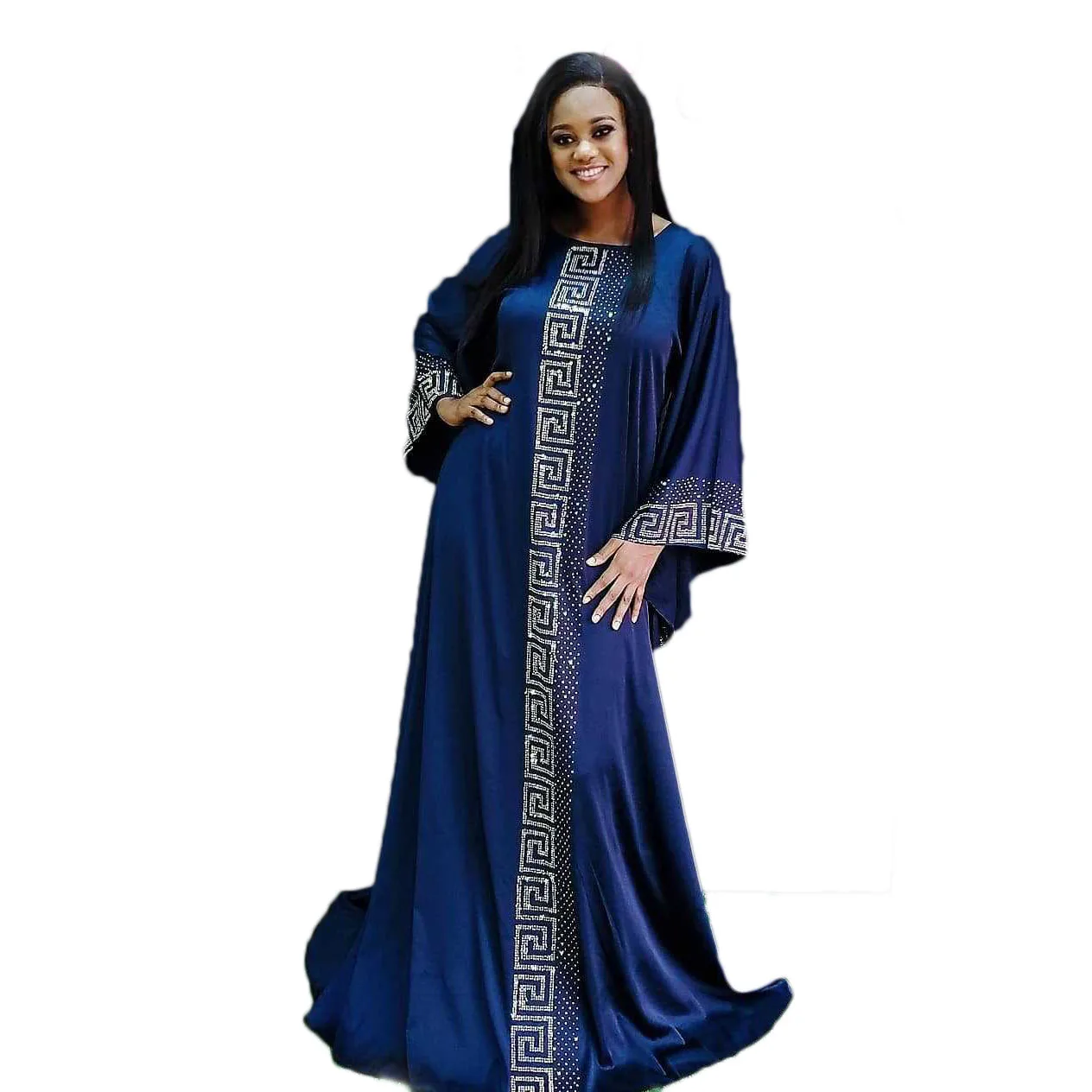 

Fashion African Style Cotton Lady Clothing Loose Waist Type Long Sleeve Exquisite Imitation Silk Hot Drilling Dress 2020