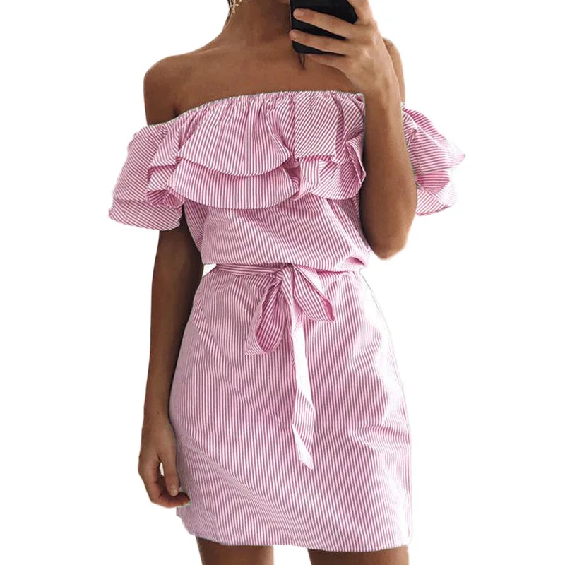 Женское мини платье в полоску с воротником лодочкой и поясом|Женские платья| |