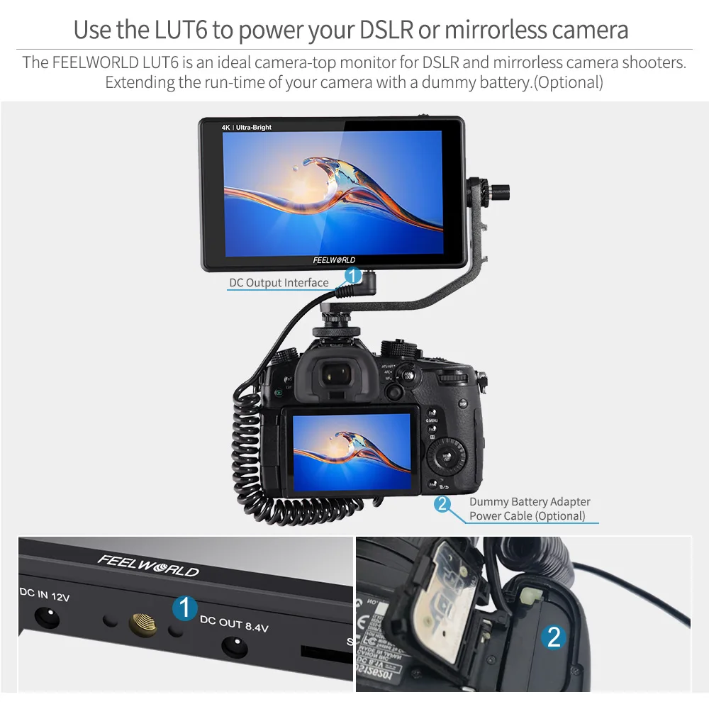 FEELWORLD LUT6 Monitor 6 Inch 2600nits 3D LUT HDR Touch Screen on DSLR Camera Field 3G-SDI 4K HDMI with Waveform |