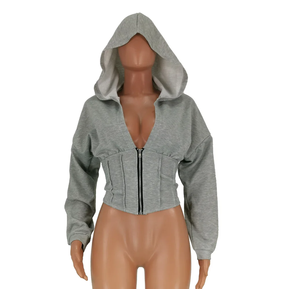 Черная укороченная куртка в уличном стиле сексуальная толстовка с капюшоном из