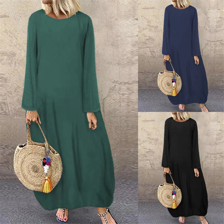 Платье-абайя женское льняное однотонное с длинным рукавом, модная винтажная повседневная одежда в мусульманском стиле, элегантная одежда в...