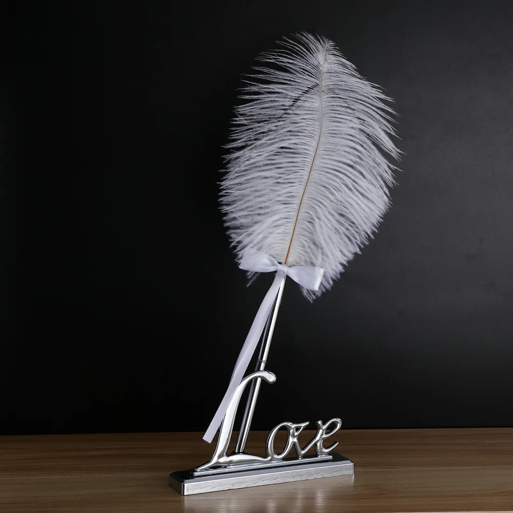

White Feather Signing Pen with Metal Love Holder Wedding Pen Set (Silver)