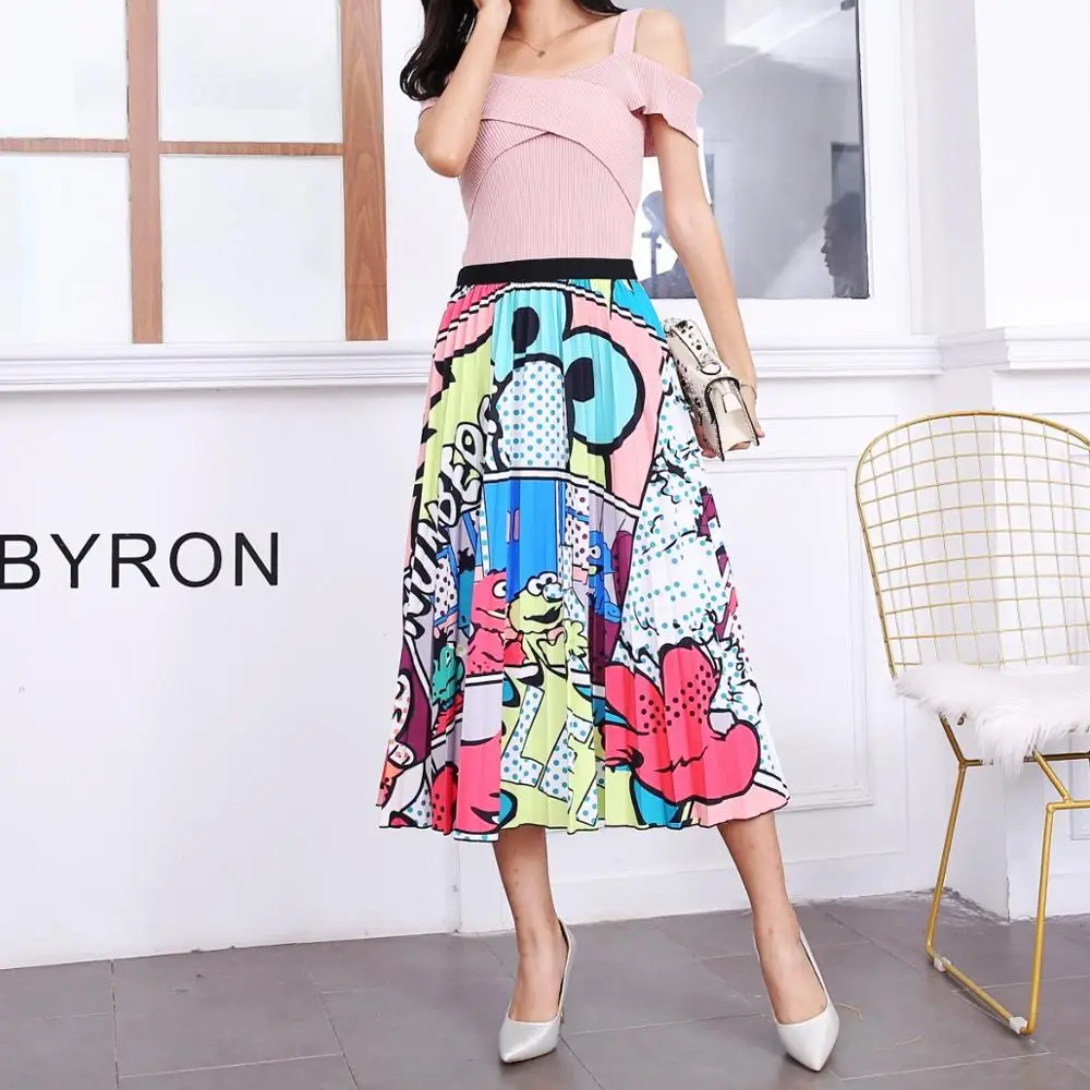 

Summer Woman Skirts Pleated 2020 3D Print Cartoon Pattern High Elastic Waist Women Skirt Big Swing Party Holiday Beach Skirts