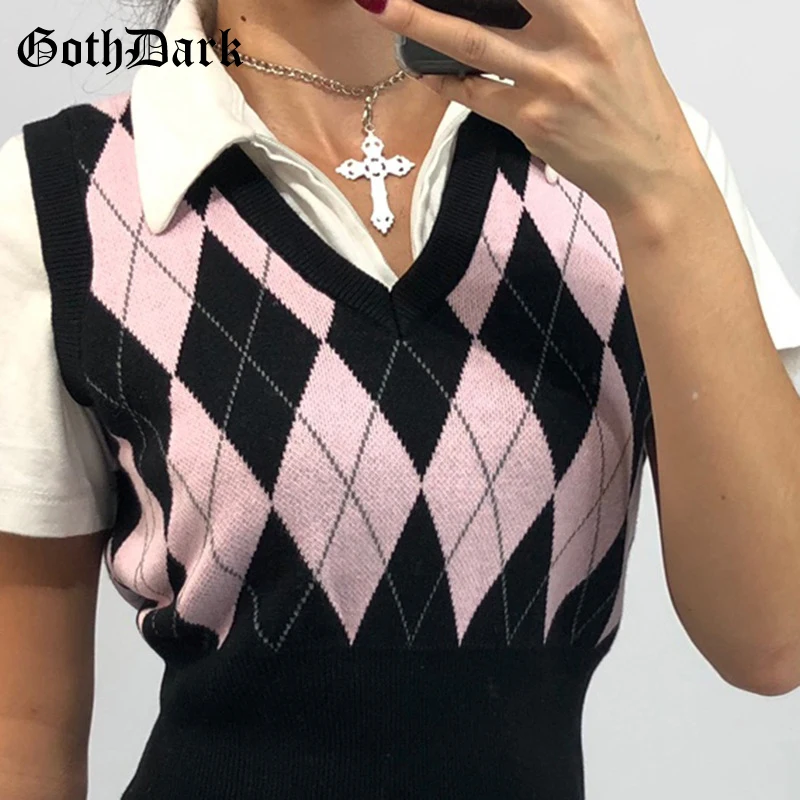 Готический свитер Goth Dark с принтом Аргайл винтажный укороченный пуловер