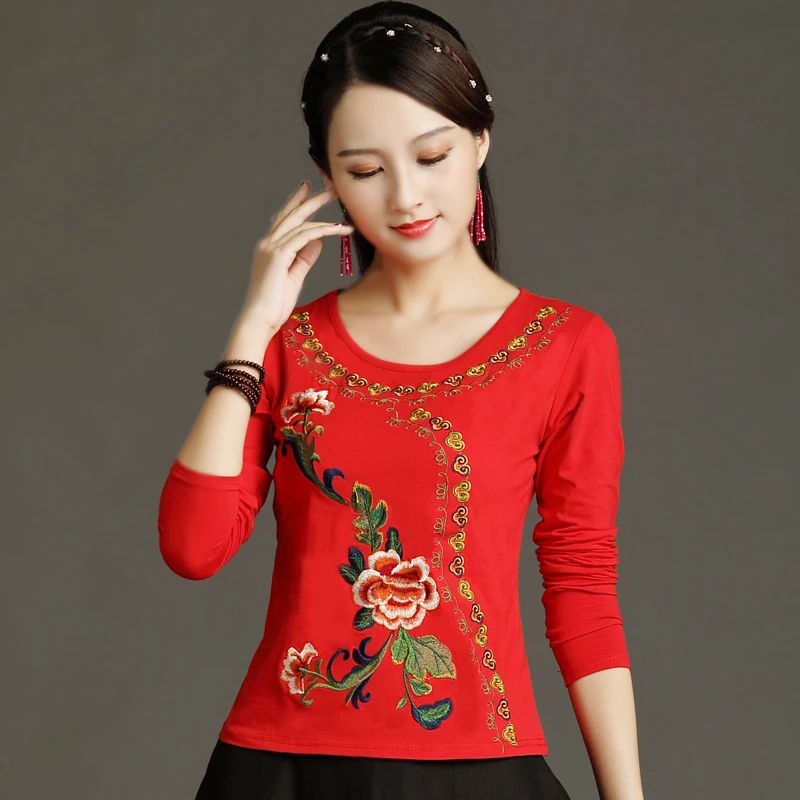 Женская Винтажная футболка с вышивкой черная Базовая из 100% хлопка длинным