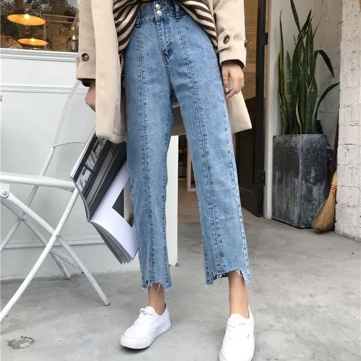 

Spring and Autumn New Korean version versatile high waist loose irregular leg Capris Jeans Straight pants for female students