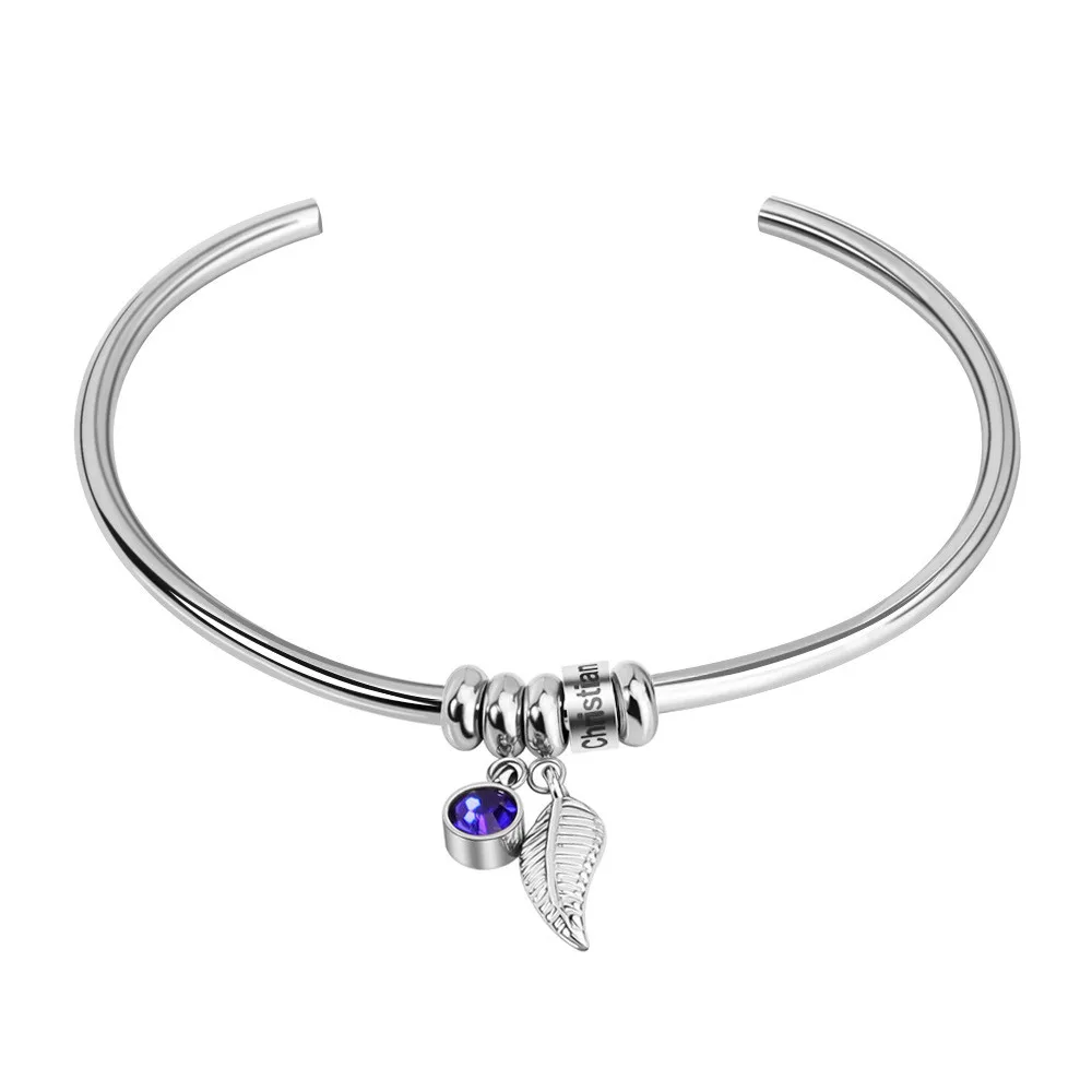 

Personalise Women Stainless Steel Bracelet Bohemia Leaf/Twelve Months Birthday Stone Bangle Custom 1-7 Name Beads Jewelry
