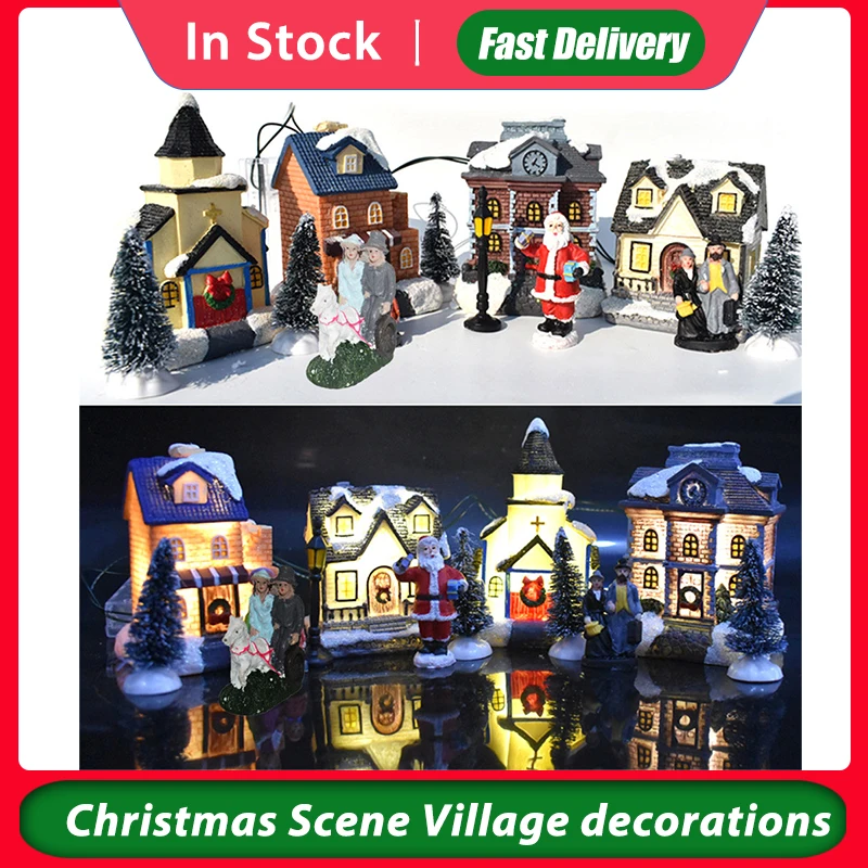 

Рождественские светящиеся маленькие украшения для дома, Рождественские елки, искусственная фигурка, дом, деревня, набор для строительства, ...