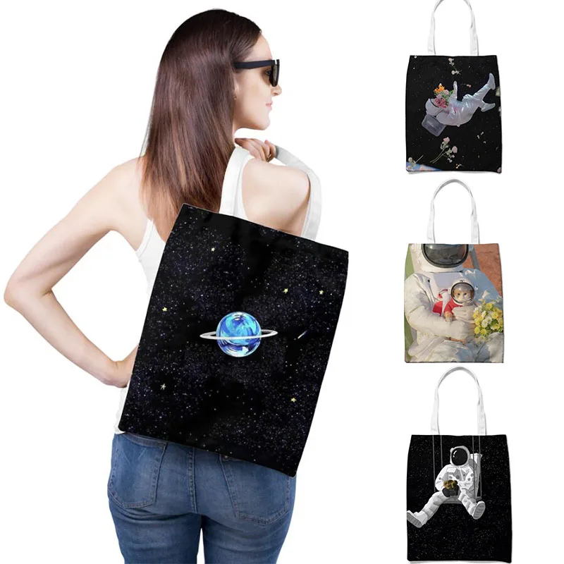 

Eco Women Canvas Shopping Bag Fashion Cartoon Spaceman Astronaut Print Shoulder Handbags Reusable Grocery Supermarket Totes