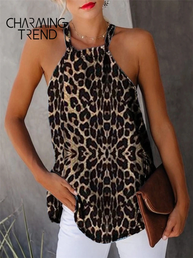 Женский топ на бретелях жилет с подвесным вырезом без рукавов Леопардовый