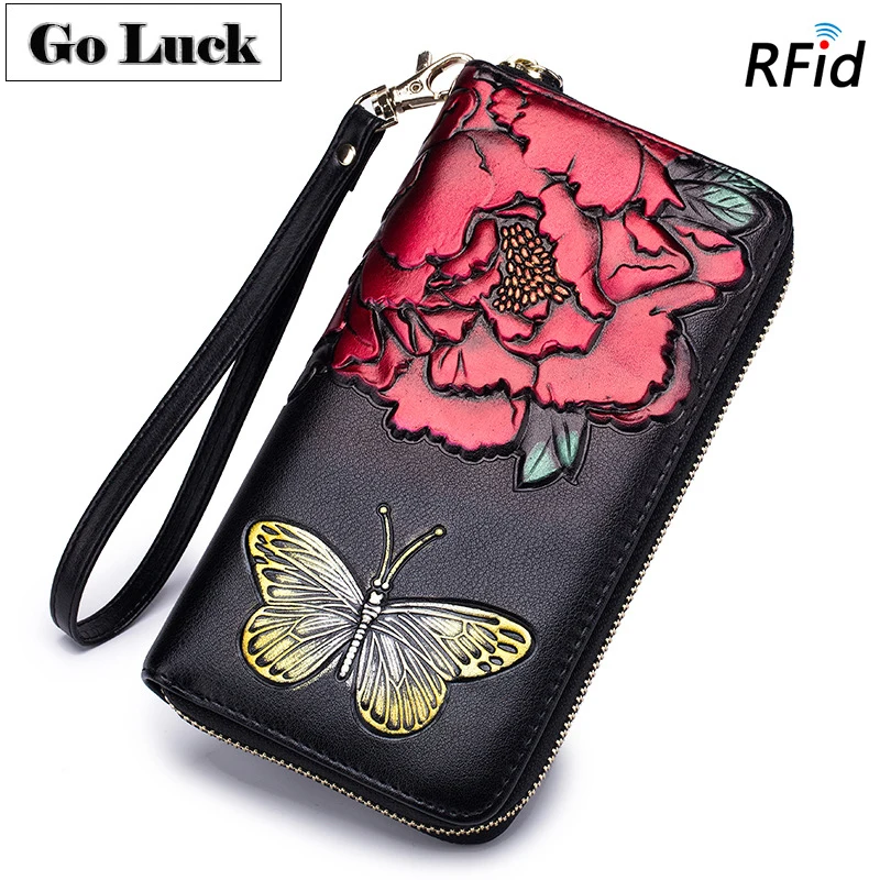 GO-LUCK, брендовый, Цветочный, натуральная кожа, RFID, браслет, клатч, кошелек, женский, для сотового телефона, чехол для карт, кошелек, модный стиль, дизайн