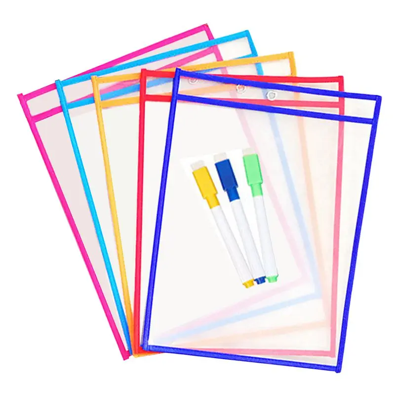 

10x Transparent Pvc Reusable Dry Erase Pockets Storage Pockets 10pcs Pens Multifuctional Office Painting Supplies Random Color