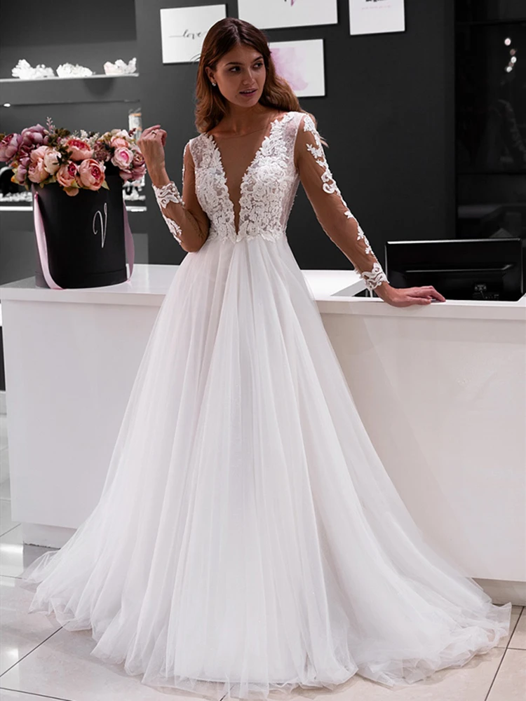 

Sheer Neck Illusion Long Sleeve Wedding Dress Appliqued Lace Tulle A Line Bridal Gowns robe de mariee See Through Back