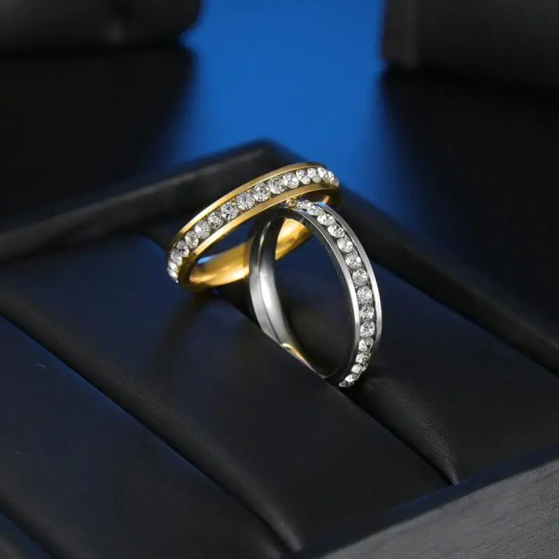 

Simple Style Single Row 4Mm Inlaid Zircon Stainless Steel Ring for Women and Men Couple Rings Elegant Wedding Occasion Jewelry