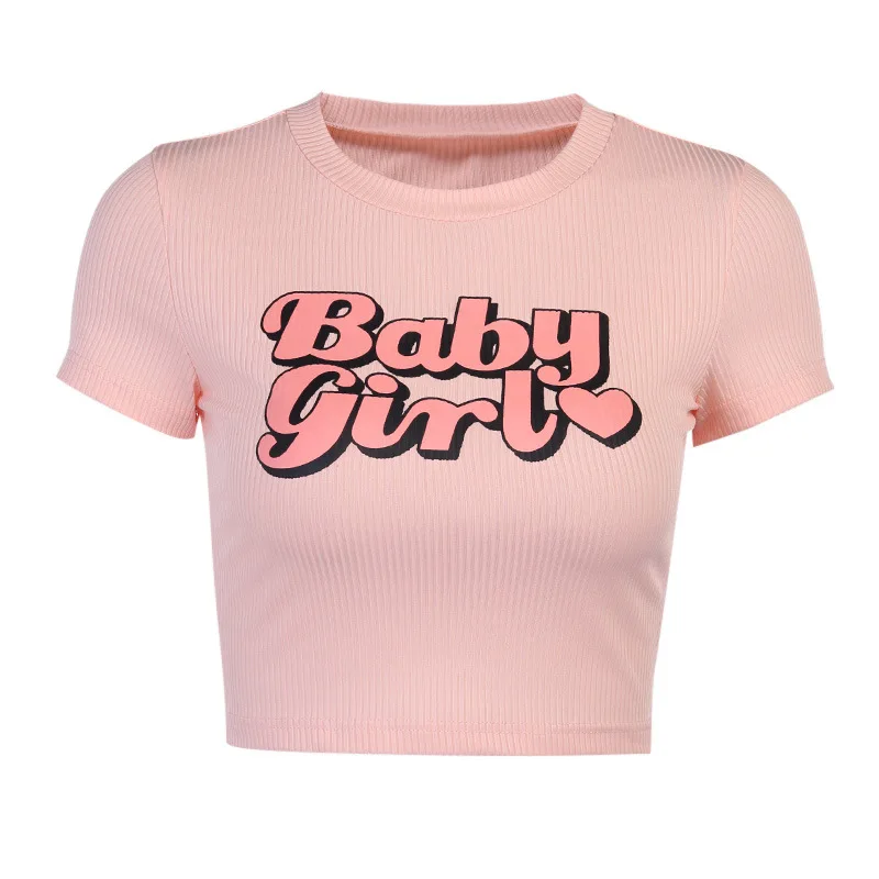

Summer Short Sleeve T-shirts Women Tops Letter Printing O-neck Crop Tops Tees for Ladies Sexy Slim Streetwear