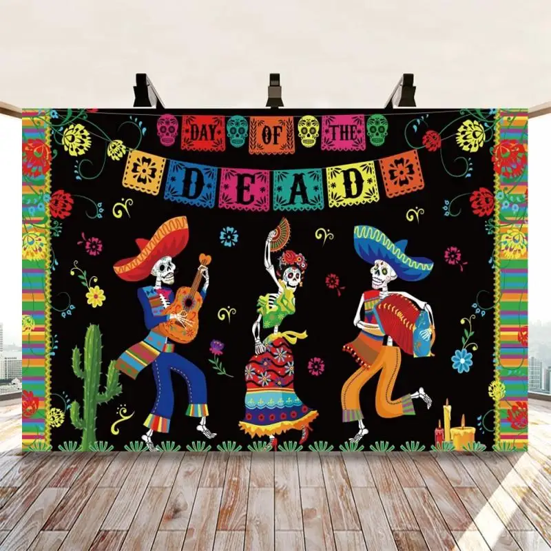 

Day of The Dead Backdrop for Mexican Fiesta Sugar Skull Flowers Photography Background Dia DE Los Muertos Decoration Banner
