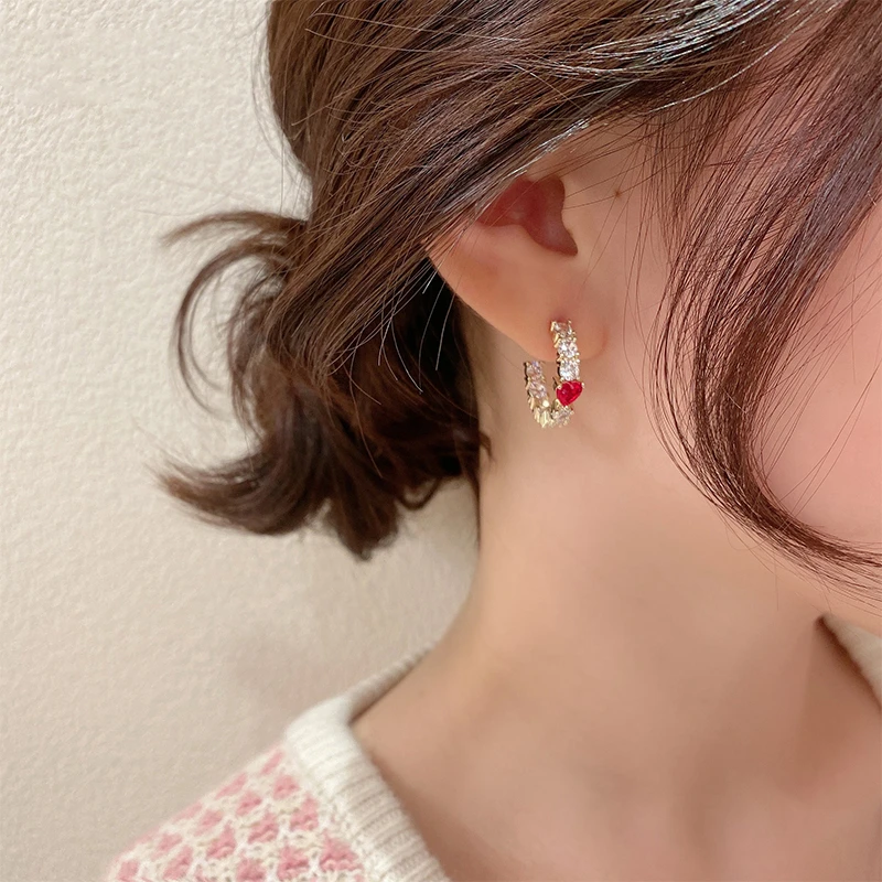 

Red Heart Micro Pave Zircon Hoop Earrings For Women Korean Elegant Circle Boucle D'Oreille Oorbellen Sweet Jewelry