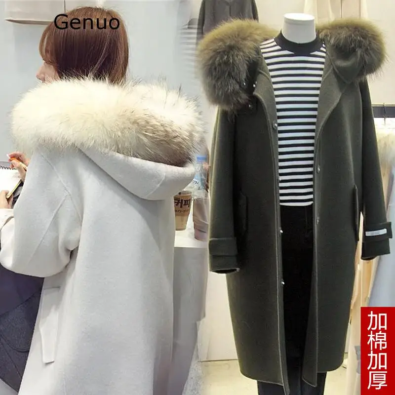 Пальто с воротником из искусственного меха женская шерстяная куртка капюшоном