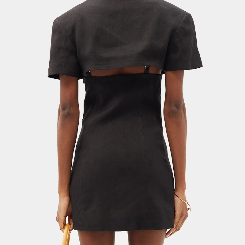 

VGH Black Sexy Two Piece For Women V Neck Short Sleeve Coat High Waist Sleeveless Dresses Solid Sets Female Summer Clothing 2021