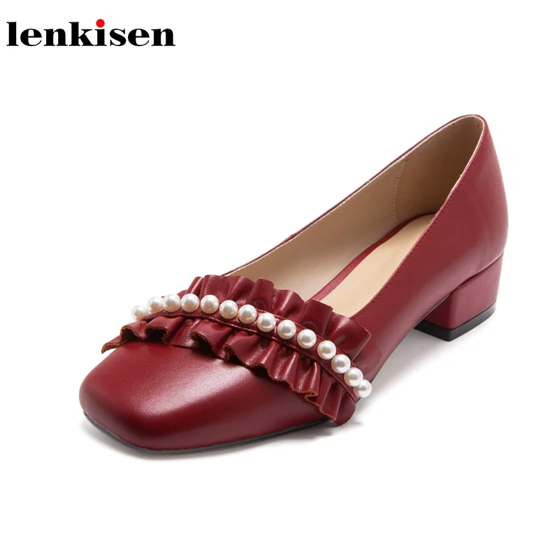 

Lenkisen genuine leather shallow med heels beading pleated beauty lady pearl cozy Princess style solid slip on women pumps L30