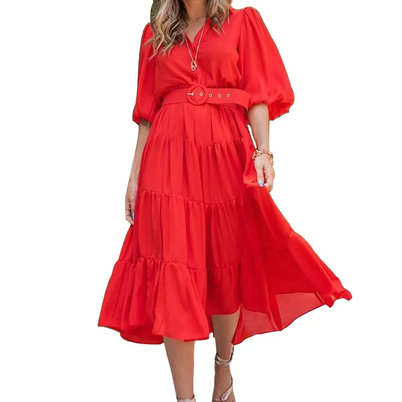 

Summer Women Party Dress 2021 New Arrivals Elegant Midi Dress Ruffle Red Beach Celebrity Evening Club Dress